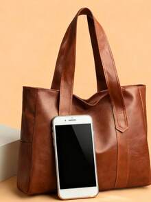 Fashion PU Underarm/Shoulder Tote Bag, Solid Color Neutral Style, Suitable For Casual, Work And Travel, Large Capacity Student Backpack, Suitable For University Campus - Brown - View 6