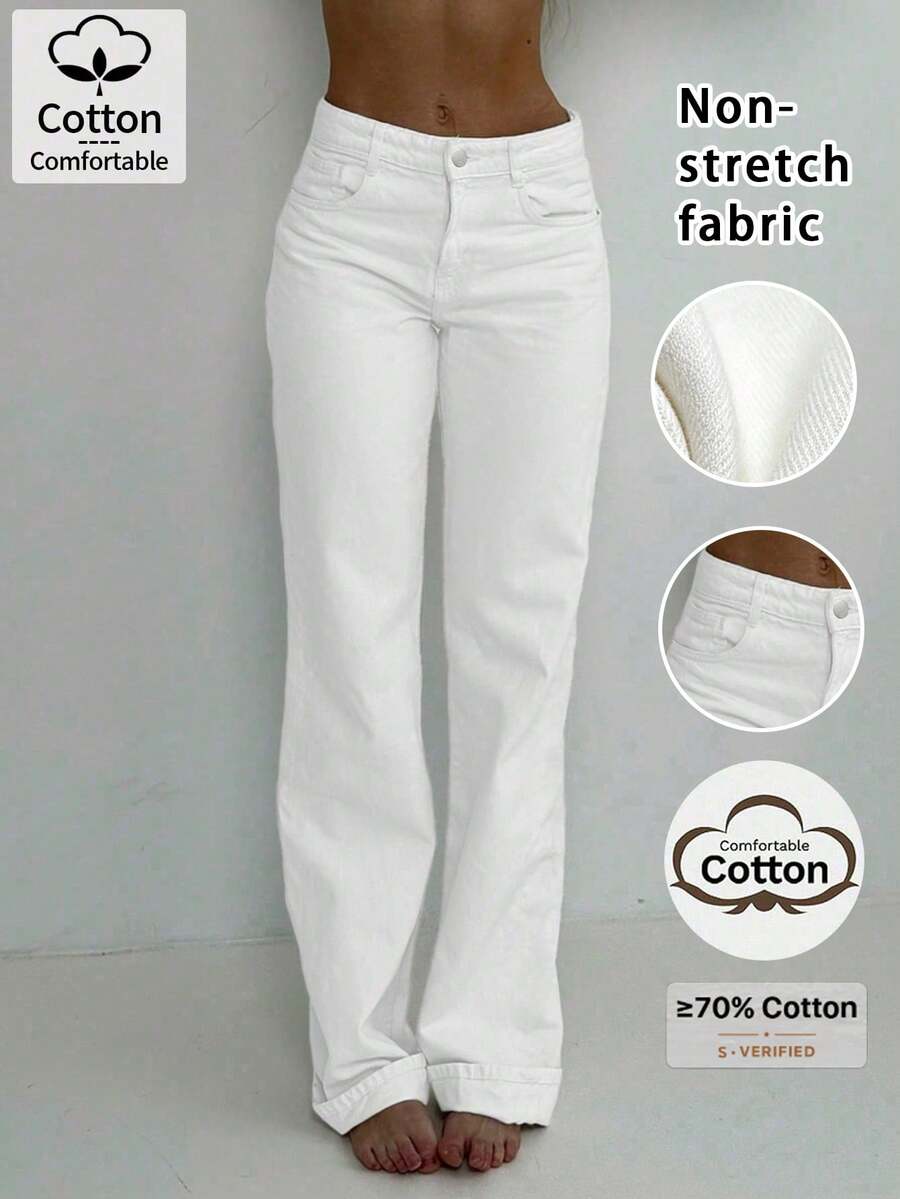 Women's White Straight-Leg Jeans - Slim Fit Casual Versatile Style Spring, Clean Girl Aesthetic Fall