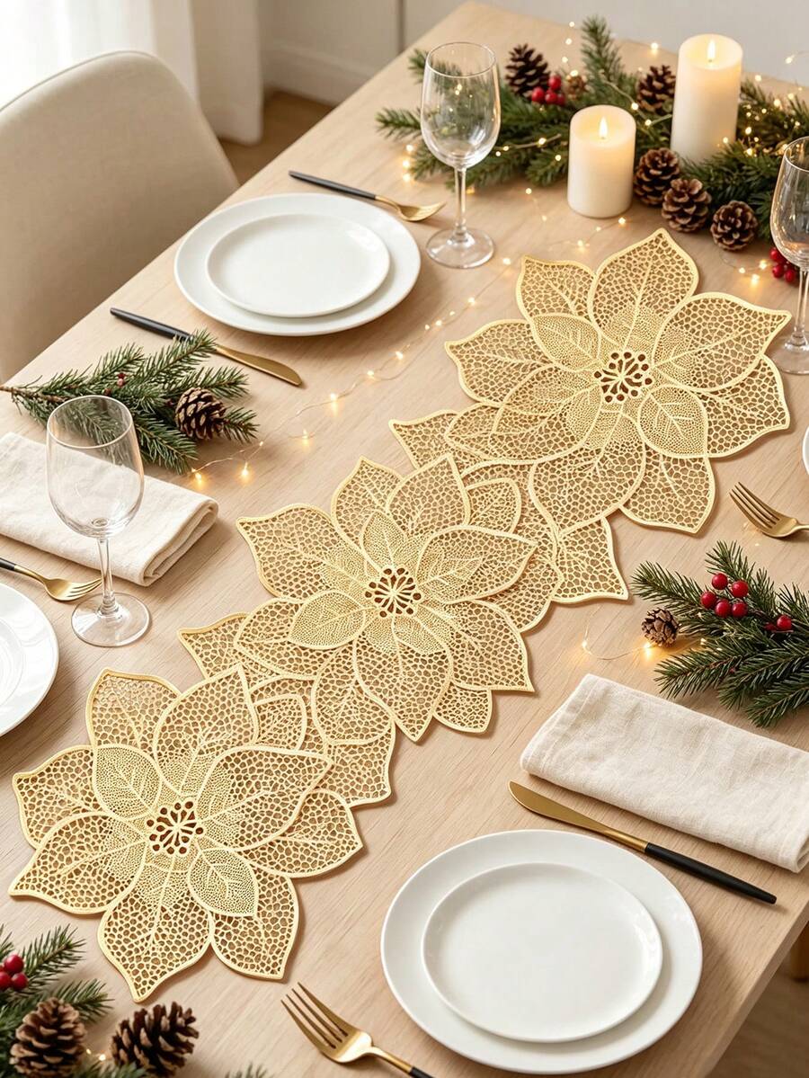 1pc Christmas Flower PVC Gold Foil Table Runner, Suitable For Christmas Dining Table Center Decor, Holiday Party Wedding Celebration Dinner Table Mat, Outdoor Party Floral Table Runner - Multicolor - View 1