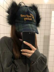 1 件复古格子仿毛护耳棒球帽，女士时尚飞行员帽，男士温暖毛茸茸捕兽帽，格子毛茸茸棒球帽，秋冬女士时尚街头潮流棒球帽 - 彩色 - 查看 4