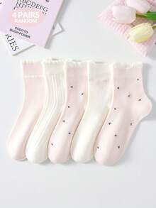 4 Pairs Women's Cute Sweet Breathable Floral Striped Embossed Lace Pattern Mid-Calf Socks Ankle Socks Casual Comfortable Preppy Student Socks Pink Socks White Socks Fashionable Comfortable Random Color Suitable For Daily Wear Spring Summer Autumn Winter All Seasons - Multicolor - View 13