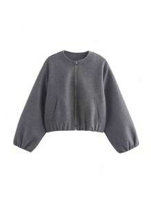 Grey Women Fall Winter Cropped Zip Up Jacket Round Neck Loose Long Sleeve Pocket Coat Halloween Homecoming Christmas Outfit - Grey - View 7