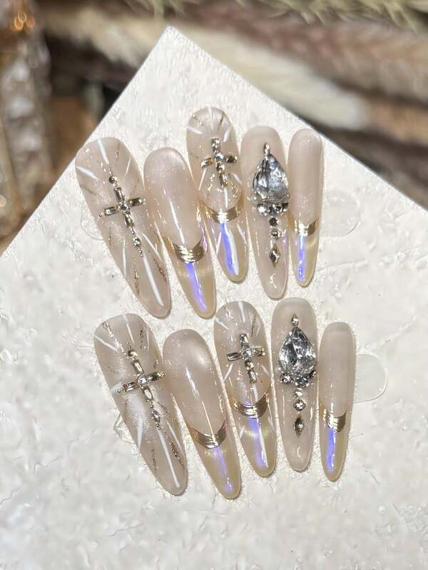 10PCS Stieltto Handmade Press On Nails, Y2K, Fall, Autumn, Fall Nails,Autumn Atmosphere Sweet French Cat's Eye Bow, Leopard Gold Foil,Suitable For Girls And Women Festivals, Music Festival, Daily Wear, Valentine's Day Gift.