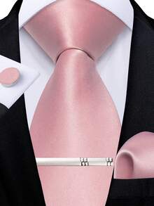 Men's Formal Tie 4-Piece Set, Light Pink Solid Color Pocket Square, Cufflinks, Silver Tie Clip, Banquet Accessories - Pink - View 1