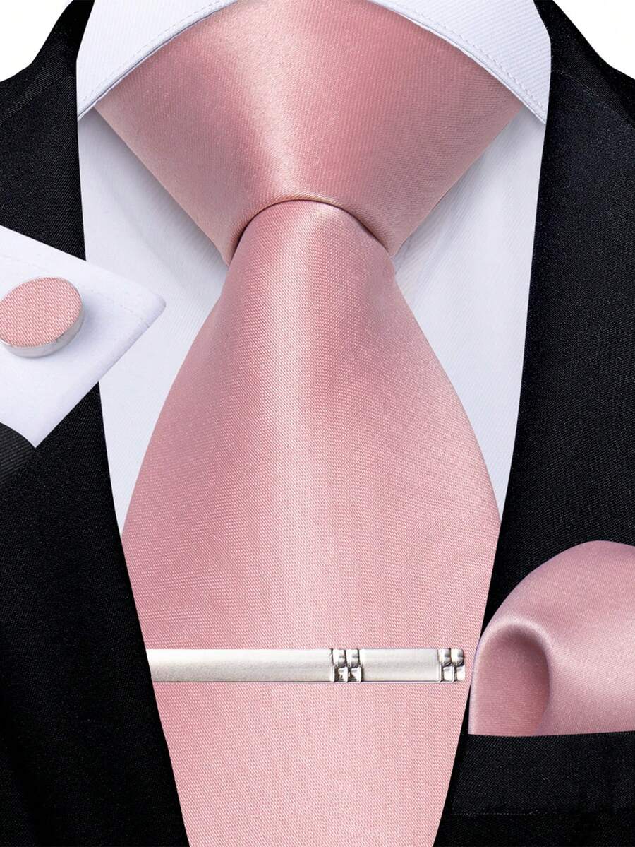 Men's Formal Tie 4-Piece Set, Light Pink Solid Color Pocket Square, Cufflinks, Silver Tie Clip, Banquet Accessories - Pink - View 1