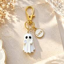 1pc/Multi-Style Neutral Halloween Alloy Ghost Pendant Keychain LUCK Round Plate Accessory Creative Fun Bag Charm Halloween Gift Wallet Decoration - Multicolor - View 3