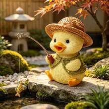 Fishing Duck Resin Figurine, Yellow Duck With Straw Hat, Japanese Garden Pond Landscape Decor, Desktop Ornament, Cartoon Animal Craft, Rockery Water Feature Decoration, Healing Style Novelty Gift - A - View 2