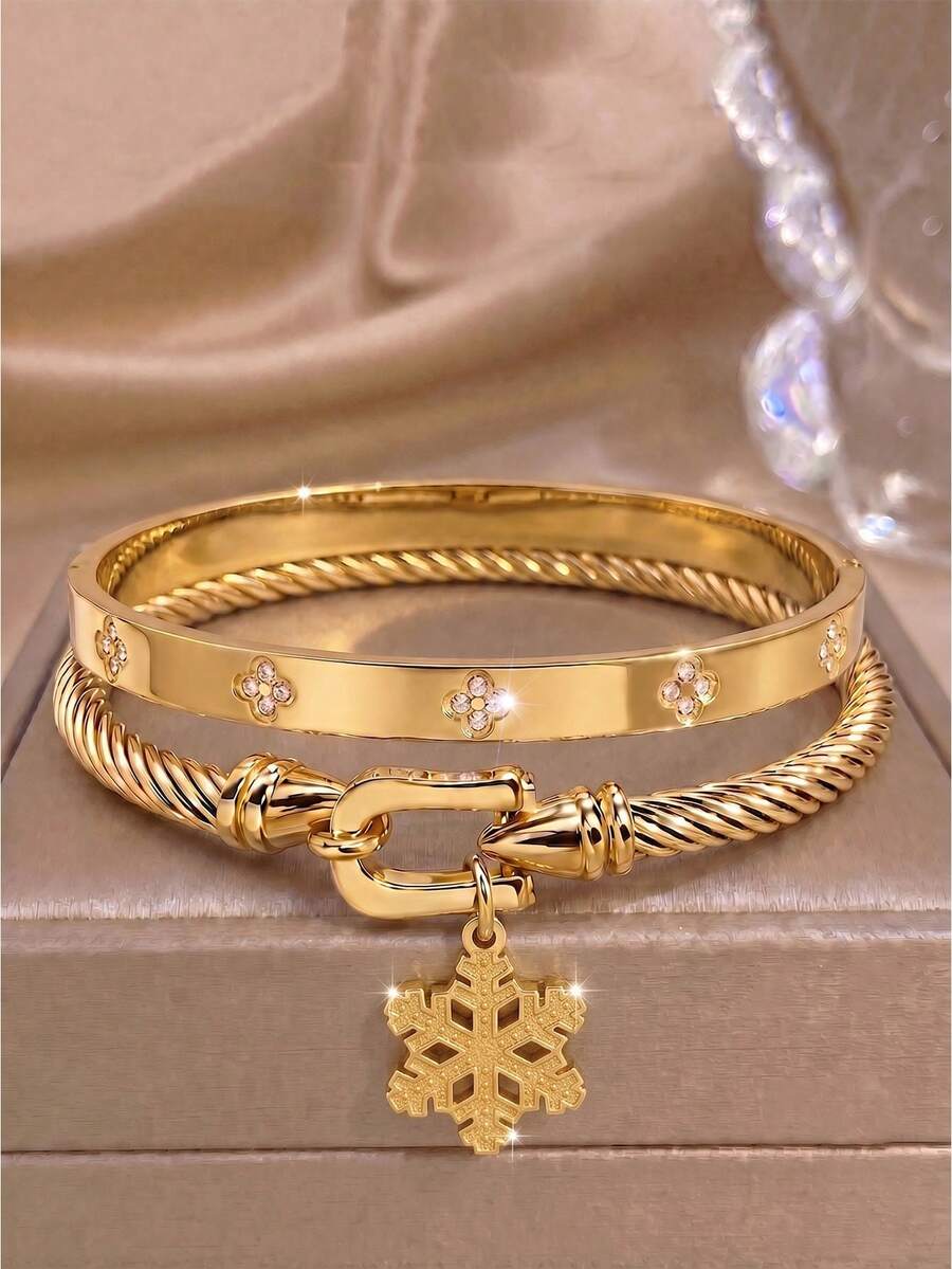 2pcsGold-Tone Stainless Steel Bangle With Exquisite Snowflake Charm, Romantic Vibe & Gentle Winter Texture - Gold - View 1