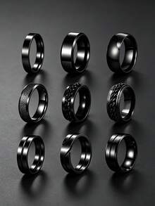 9PCS Punk Hip Hop Black Chain Plain Band Stainless Steel Men's Rings, Fashion Men's Jewelry Accessories, Rings For Daily & Anniversary Wear - Multicolor - View 4