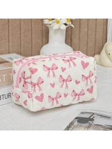 Tas Kosmetik Quilted Putih Krem dengan Pita Pink & Motif Hati, Tas Make Up Travel Kapasitas Besar - MultiWarna - View 2