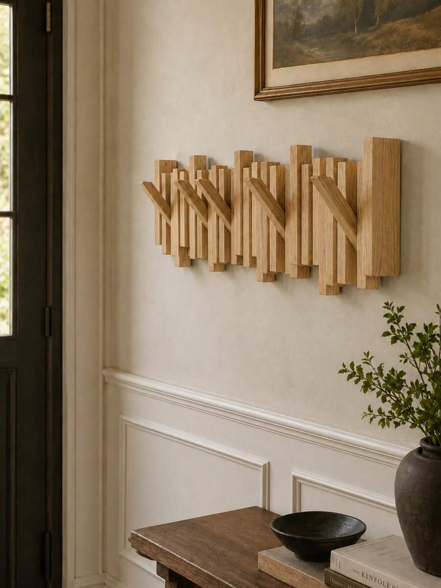 Piano Style Wall-Mounted Coat Rack, Multi-Hook Wooden Hanging Bar, Space-Saving Storage, Minimalist Home Decor, Practical Wall Decoration, Entryway Wall Storage Rack, Suitable For Coats, Hats, Bags And Keys, Hallway Bedroom Mudroom Home Storage Decor - Multicolor - View 1