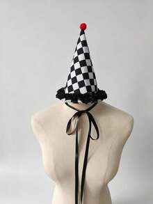 1set Black White Check Clown Hat And Star Shape False Collar Set With Red Pom Poms Halloween Circus Cosplay Costume Accessory For Carnival Theme Party - A - View 6