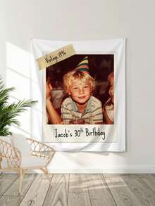 Customizable Photo Age & Name Nostalgic Happy Birthday Backdrop Banner, Suitable For Wedding, Birthday, Indoor/Outdoor Party Background Decoration Photography, Polyester Material - D - View 3