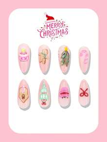 24pcs Christmas Almond Shaped Press-On Fake Nails, Cute Gingerbread Man Christmas Tree Candy Bow Ball Design, Christmas Atmosphere Fake Nails, Suitable As Gift For Family And Friends - Multicolor - View 2