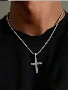 1pc Men's Cross Pendant Necklace, Twisted Chain, Hip Hop Rap Rock Style, Rhinestone Fashion Jewelry - Multicolor - View 1