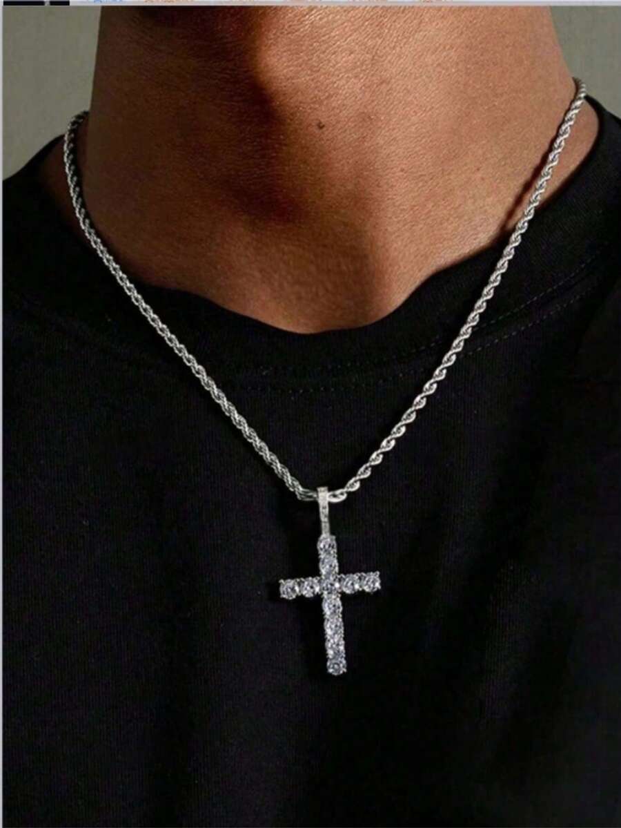 1pc Men's Cross Pendant Necklace, Twisted Chain, Hip Hop Rap Rock Style, Rhinestone Fashion Jewelry - Multicolor - View 1