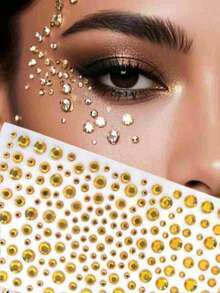 2pcs Gold Face Glitter Body Shiny 3D Rhinestone Stickers, Rave Party Makeup Accessories Rhinestone Stickers, Y2K Style Music Festival DIY Eye & Face Gems, Valentine's Day Gift - Multicolor - View 5