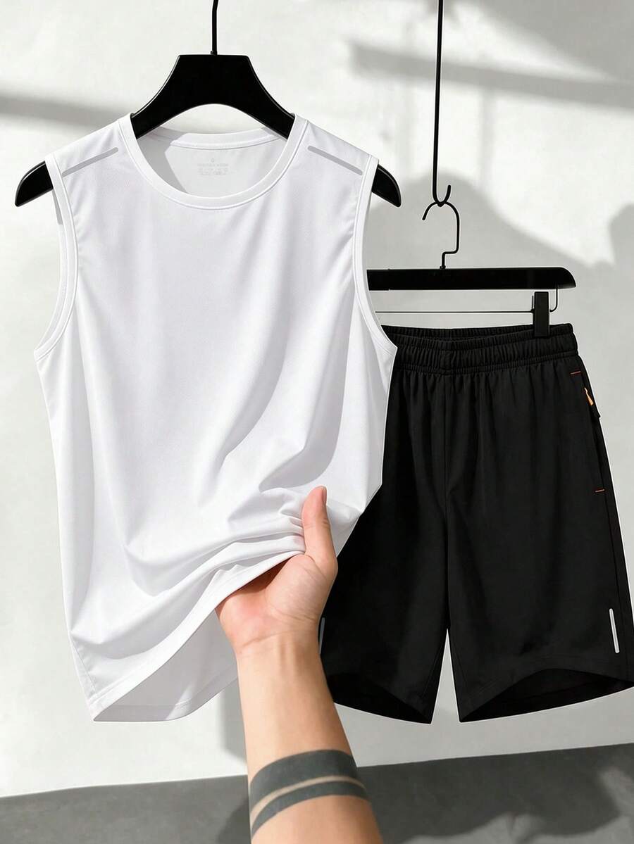 Men's Fashion Sleeveless Tank Top & Shorts Set, Suitable For Summer Activities, New Summer Casual Outdoor Outfit - White - View 1