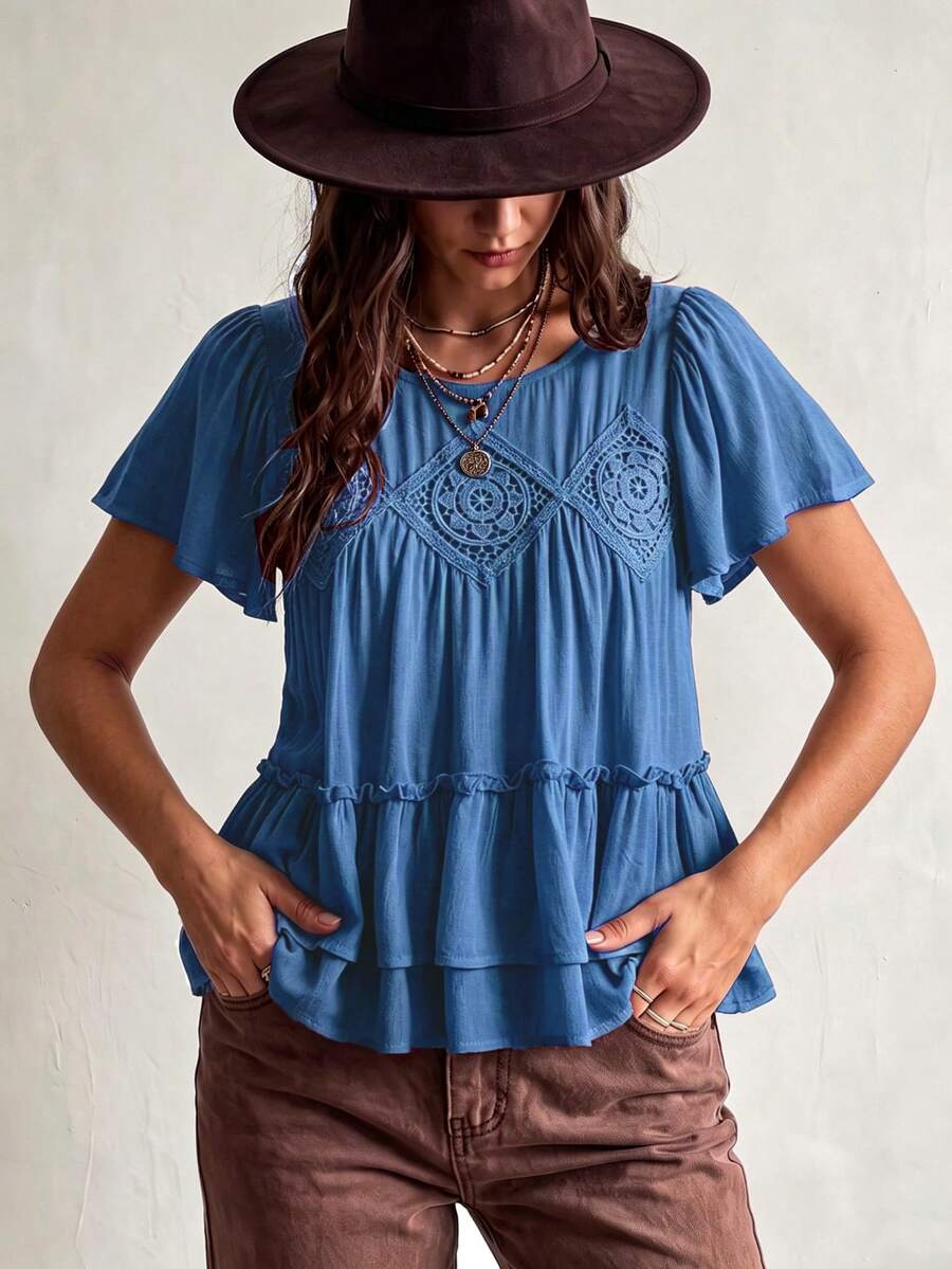 Rusttydustty Minimalist Solid Color Hollow Lace Front Short Sleeve Multi-Layer Hem Women's Blouse, Suitable For Autumn And Halloween Summer - Blue - View 1