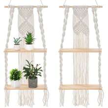 2-Tier Wall-Mounted Floating Shelf, Handmade Bohemian Style Woven Rope Decorative Storage Rack For Home, Bedroom, Bathroom, Plants, Beige - Multicolor - View 3