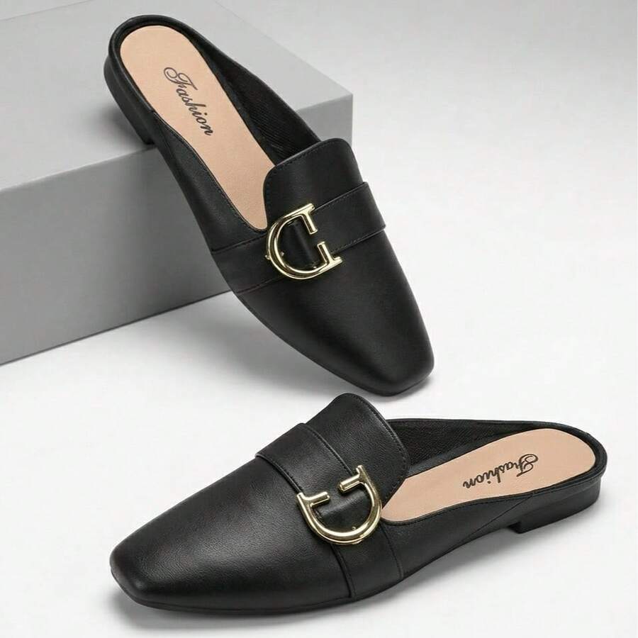 Sepatu Flat Slip-On Kasual Serbaguna Wanita untuk Perjalanan, Dekorasi Logam - Hitam - View 1