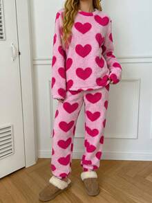 Sweet & Cool Contrast Color Heart Flannel 2-Piece Loungewear Set, All-Over Heart Pattern Vibrant & Playful, All-Match Crew Neck Design Simple & Timeless. Soft Plush Long Fur Skin-Friendly Warmth-Locking, Loose Fit Non-Restrictive, Easy Movement, Complete Set Effortless & Versatile, Suitable For Daily Home, Dorm Wear, Easily Create A Lazy Girl Look - Hot Pink - View 6