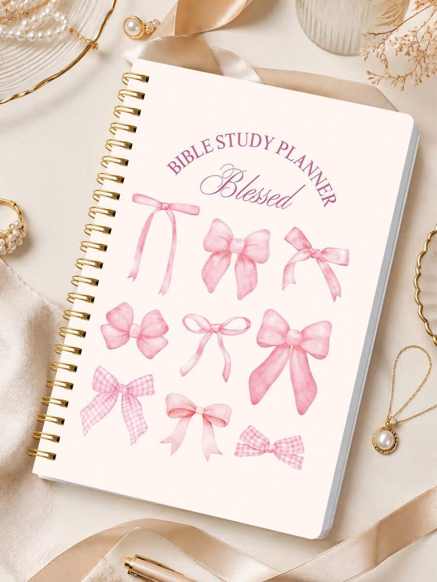 1pc Bible Study Planner, 8.15x5.71in Pink Bow Spiral Sermon Notebook For Key Scriptures, Reflections & Notes, Nurse Essentials, Halloween Notebook, Bible Study Materials, Office Decor And Accessories - A - View 1