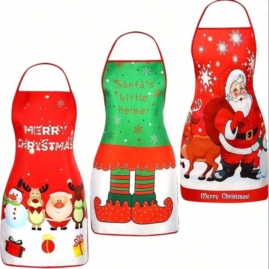 Christmas Cartoon Print Apron Santa Claus Snowman Reindeer Bib Christmas Party Kitchen Baking Stain-Resistant Apron - Multicolor - View 1