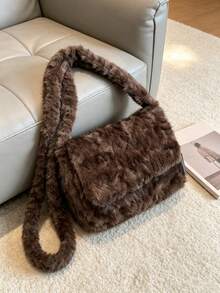 Autumn/Winter Vintage Maillard Brown Faux Fur Flap Shoulder Bag, Soft Faux Fur Large Capacity Crossbody Bag, Versatile Commuter Handbag For Women - Coffee - View 1