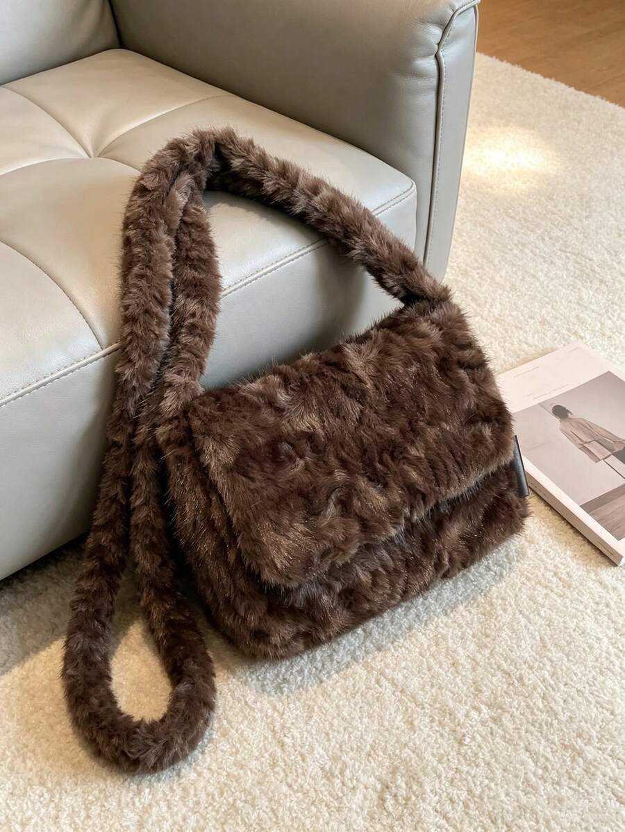 Autumn/Winter Vintage Maillard Brown Faux Fur Flap Shoulder Bag, Soft Faux Fur Large Capacity Crossbody Bag, Versatile Commuter Handbag For Women - Coffee - View 1