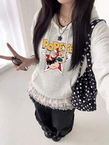 Y2K Korean Street Style Women's Retro Cartoon Character & Letter Print Loose Sweatshirt With Drawstring Casual Versatile Long Sleeve Sweatshirt For Autumn/Winter Daily Campus & Outings - Light Gray - View 5