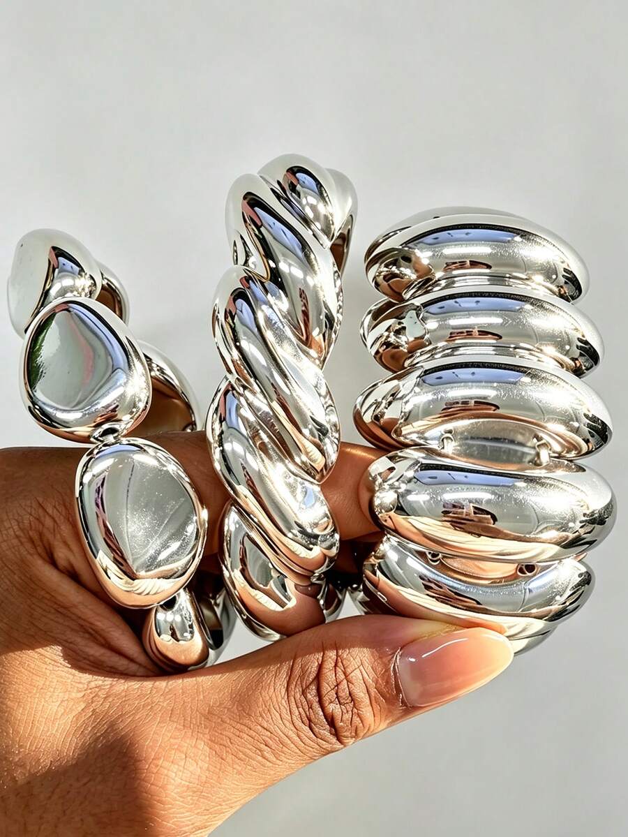 3/1pc Vintage Exaggerated Punk Style CCB Asymmetrical Beaded Bracelet Set, Suitable For Women's Daily Casual, Party, Vacation, Layering, Gift - Silver - View 1