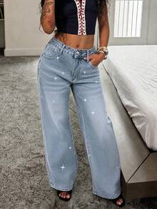 European & American Women's Non-Stretch Mid-Waist Versatile Fashion Fully Rhinestone Floor-Length Jeans, Loose Straight-Leg Design - Light Wash - View 4