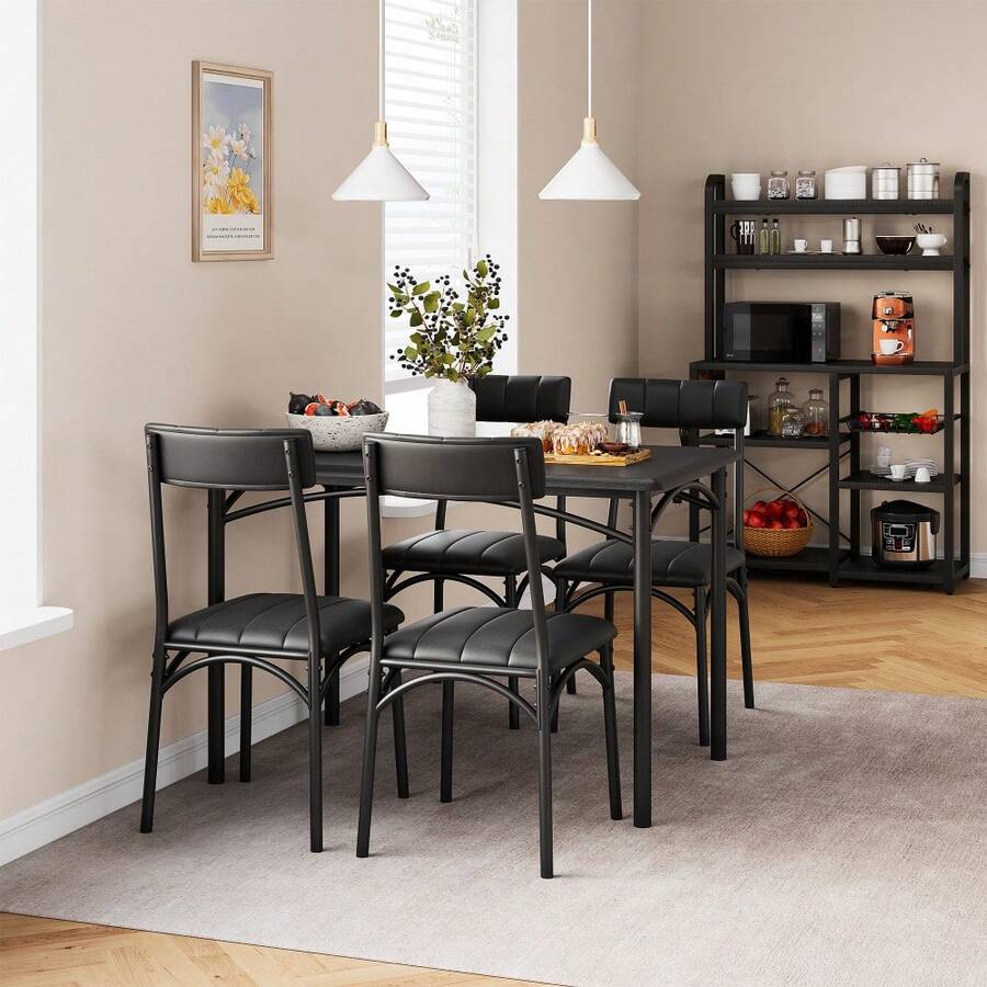 5-Piece Dining Table Set For 4, Rectangular Kitchen Table With 4 Upholstered Chairs, Metal & Wood Frame, Space-Saving For Small Apartment Dining Room, Rustic Brown/Grey - Black - View 1