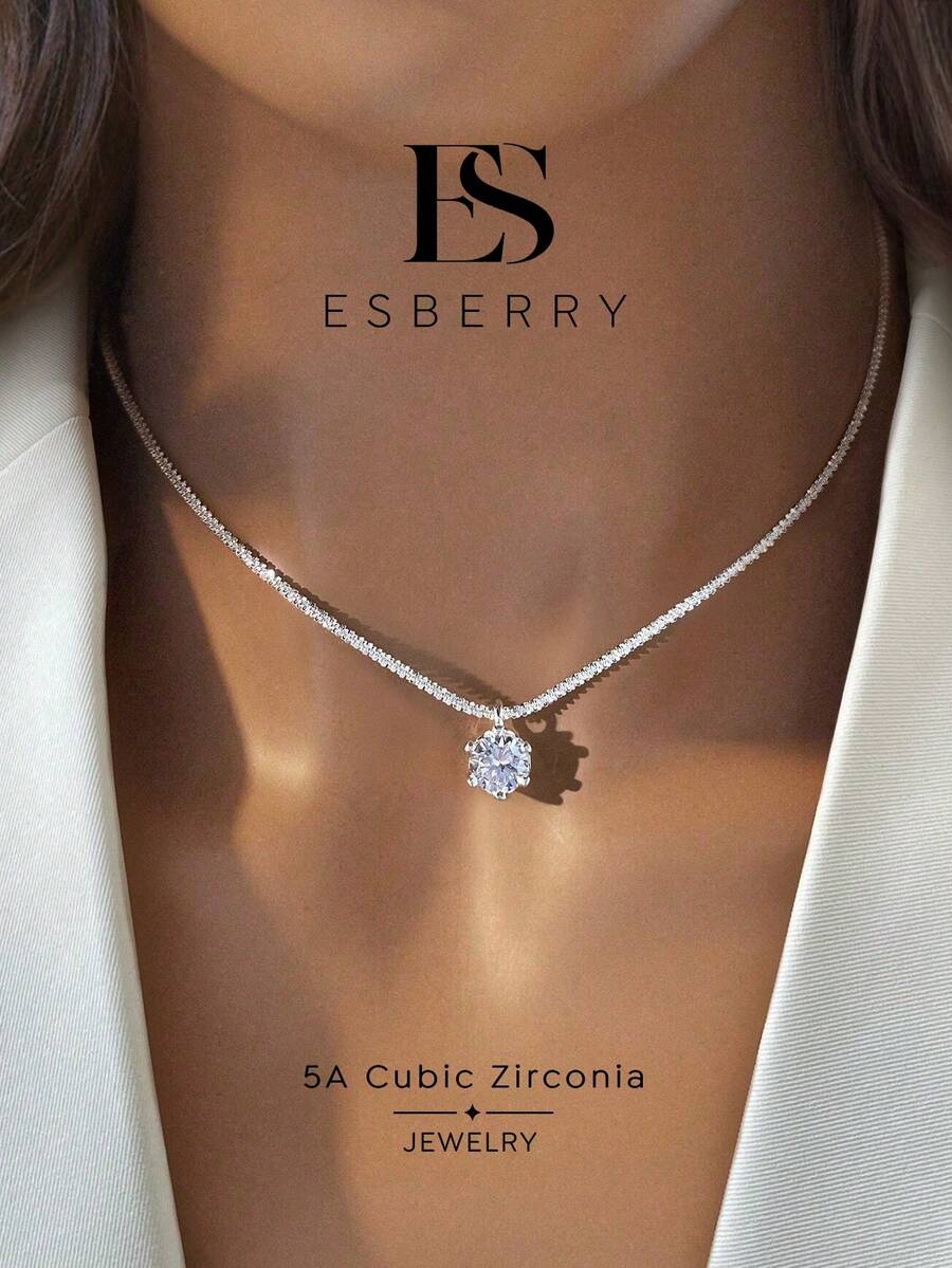 ESBERRY 1件閃亮白色鋯石吊墜項鍊，珠寶，優雅女性禮物，適合日常配戴