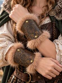1 Pair Viking Vintage Embossed PU Leather Wrist Guards, Unisex Medieval Faux Fur Wrist Decor, Renaissance LARP Cosplay Halloween Costume Accessory - ZSJ - View 1