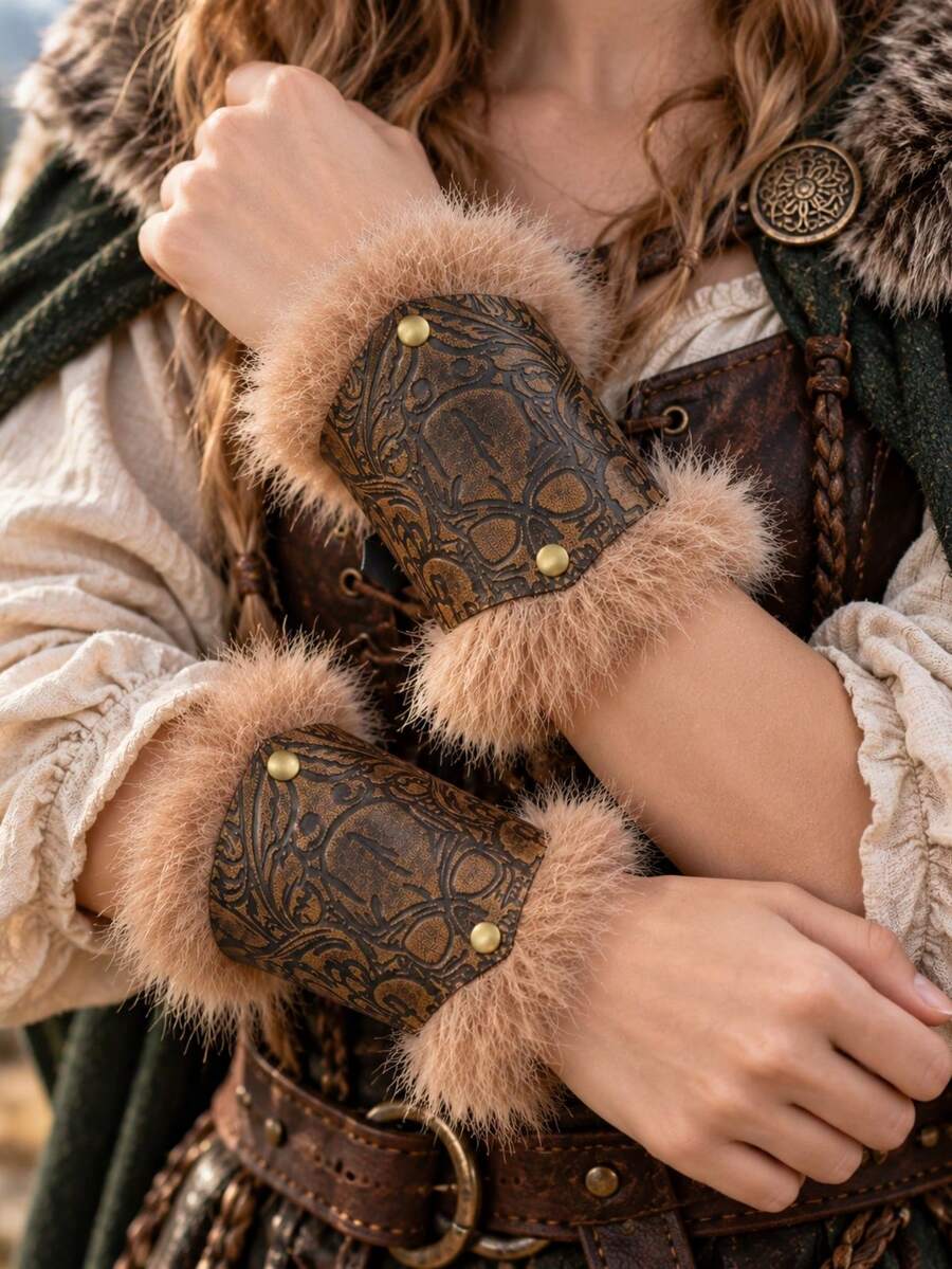 1 Pair Viking Vintage Embossed PU Leather Wrist Guards, Unisex Medieval Faux Fur Wrist Decor, Renaissance LARP Cosplay Halloween Costume Accessory - ZSJ - View 1