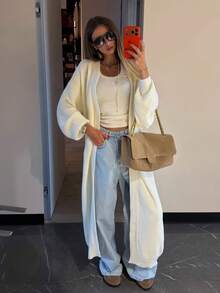 FOR BEAUTY Fall Winter Women Sweaters Y2K Cozy White Longline Open Front Cardigans Ribbed Knit Loose Drop Shoulder Daily Office Casual Clothes - White - View 3