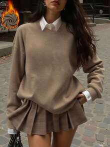 Women's Comfortable Round Neck Knit Top, Fashion Solid Color Long Sleeve Pullover, Loose Fit Basic Sweater, Suitable For Daily Wear - Earth Gray - View 1