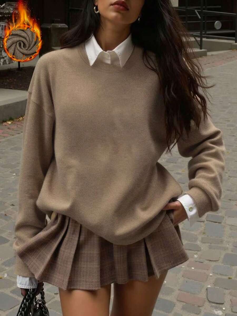 Women's Comfortable Round Neck Knit Top, Fashion Solid Color Long Sleeve Pullover, Loose Fit Basic Sweater, Suitable For Daily Wear - Earth Gray - View 1