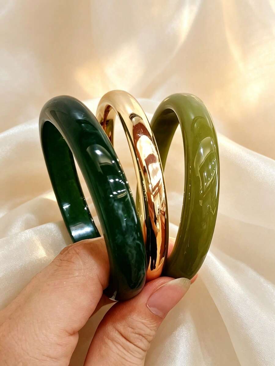 3pcs/Set Fashionable Vintage Thick Multicolor Acrylic Bangle Bracelet Set, Suitable For Women, Daily Wear, Gift For Friends And Family - Multicolor - View 1