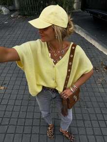 FOR BEAUTY Women's Plus Size Knit Cardigan, V-Neck Button Front Batwing Sleeve Sweater Summer Casual Yellow - Yellow - View 3