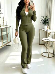 Spring/Autumn Bestselling Women's 2 Pieces Set, Fashion Slim Fit Solid Color Zip-Up Jacket And Pants, Lightweight Polyester Fitness Yoga Fabric - Olive Green - View 1