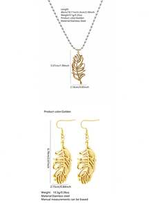 VceTd Juego de 1/2/3 piezas Collar con colgante de pluma dorada elegante y romántica con cadena de cuentas plateadas y pendientes de pluma en acero inoxidable para mujer, adecuado para uso diario, vacaciones o regalo festivo - Amarillo Oro - Ver 10