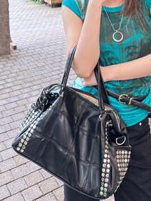 Silver Round Rivet Full Decor Stitching Plaid Patchwork Double Leather Handle Detachable Wide Strap Handheld Crossbody 2-In-1 Punk Motorcycle Style Women's Distressed Commute Streetwear Personalized Cool Handbag - Black - View 3