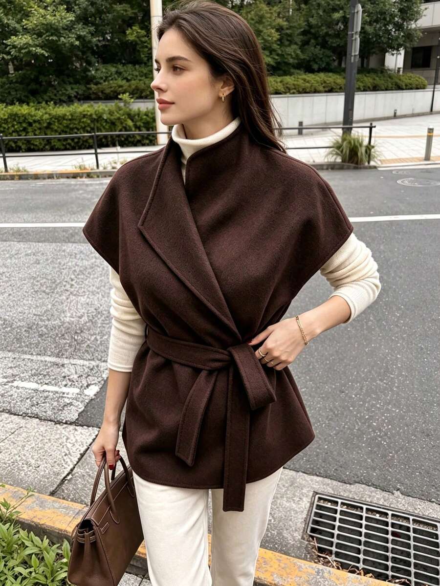 Áo vest len pha dáng ngắn cổ chữ V không tay cho mùa Thu/Đông, mặc layer công sở - màu nâu - Xem 1