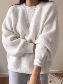 Women's Plus Size Cream Round Neck Ribbed Drop Shoulder Long Sleeve Knit Sweater, Comfortable Casual Y2K Fashion Style, Suitable For Halloween, Christmas, New Year, Autumn/Winter Season - White - View 10