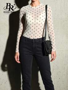 BADDIE REALM Atasan Jala Lengan Panjang Slim Fit Wanita Motif Polkadot, Elastis, Pakaian Dasar Sehari-hari - Putih - View 5