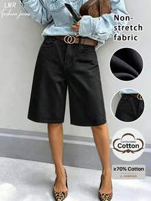 Women's Solid Color Denim Bermuda Shorts Casual Black Summer - Black - View 2