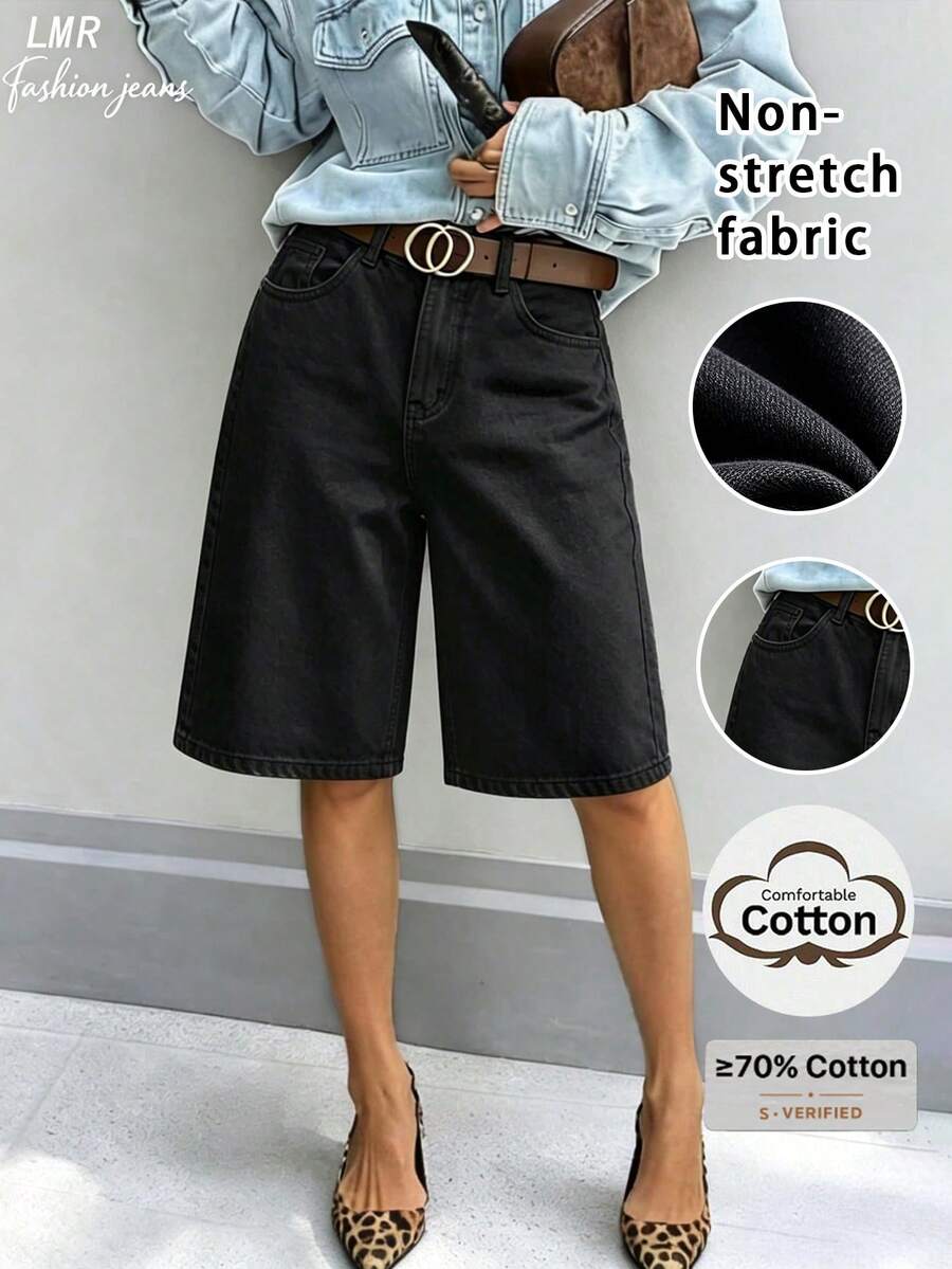 Women's Solid Color Denim Bermuda Shorts Casual Black Summer